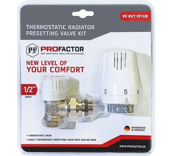 Изображение товара Комплект радиатора PROFACTOR термостатический, угловой, с преднастройкой и уплотнением, 1/2 PF RVT 991UR