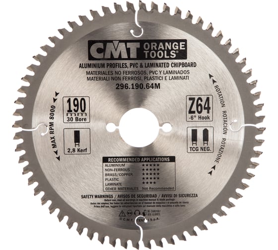 Изображение товара Диск пильный по цветным металлам и пластику (190х30х2,8/2,2 мм; Z64) CMT 296.190.64M
