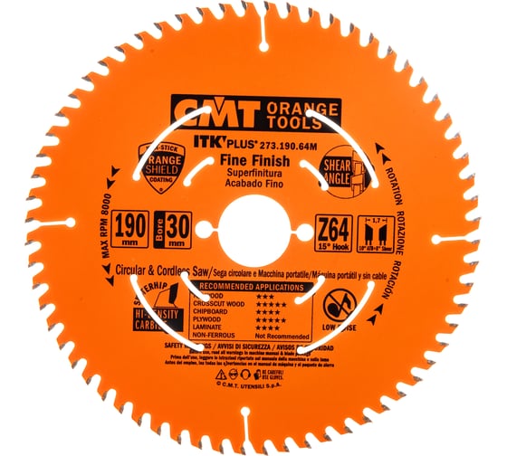 Изображение товара Диск пильный по ламинату (190x30/20/16x1,7/1,1 мм; Z64) CMT 273.190.64M