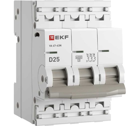 Изображение товара Автоматический выключатель EKF 3P 25А (D) 6кА ВА 47-63N PROxima M636325D