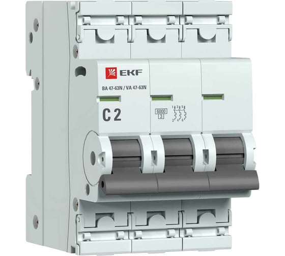 Изображение товара Автоматический выключатель EKF 3P 2А (C) 6кА ВА 47-63N PROxima M636302C