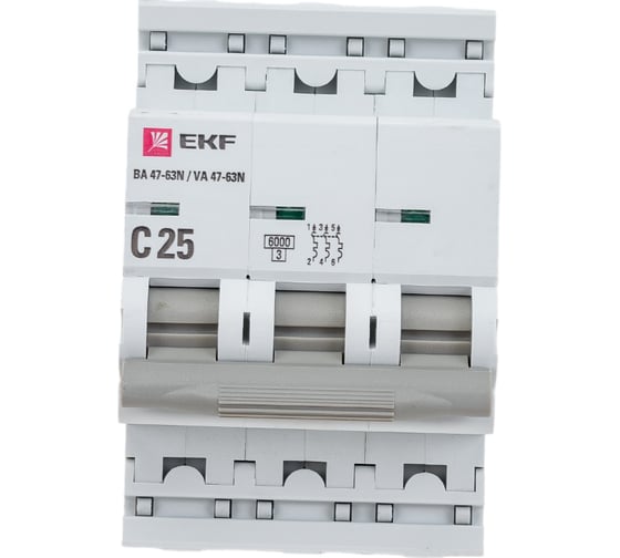 Изображение товара Автоматический выключатель EKF 3P 25А (C) 6кА ВА 47-63N PROxima M636325C