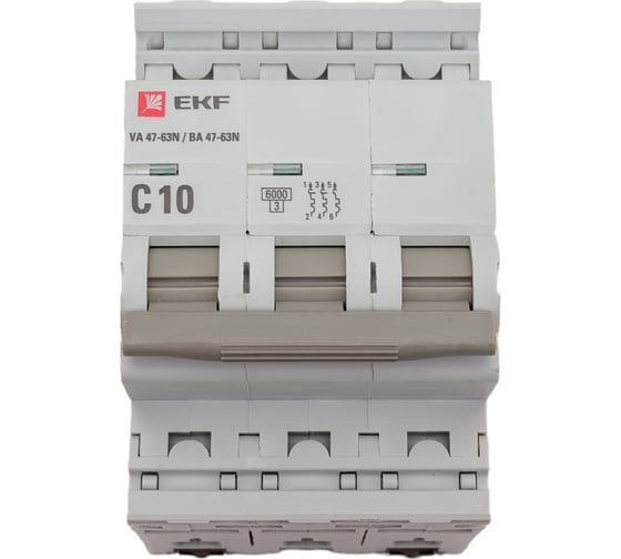 Изображение товара Автоматический выключатель EKF 3P 10А (C) 6кА ВА 47-63N PROxima M636310C