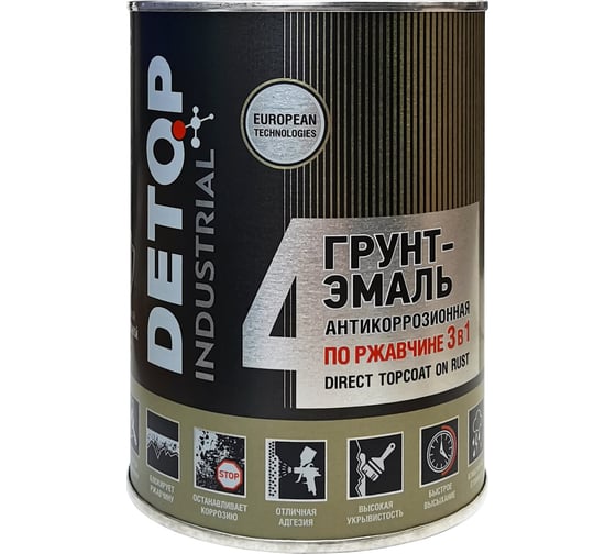Изображение товара Грунт-эмаль DETOP по ржавчине 3 в 1, хаки, жестяная банка 750 мл DTI-P07786