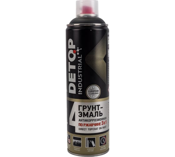 Изображение товара Грунт-эмаль DETOP по ржавчине 3 в 1, черный, RAL 9004, аэрозоль 650 мл DTI-A07721