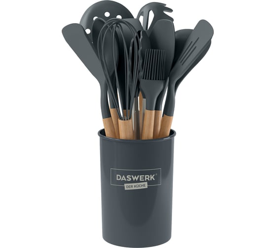 Изображение товара Набор силиконовых кухонных принадлежностей DASWERK с деревянными ручками 12 в 1, серый 608194