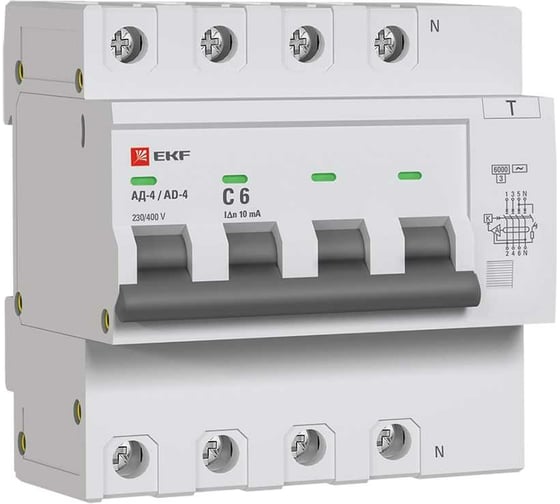 Изображение товара Дифференциальный автомат EKF АД-4 6А/10мА (х-ка C, АС, электронный) 6кА PROxima DA4-6-06-10-pro