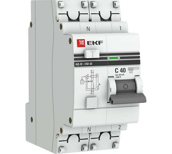 Изображение товара Дифференциальный автомат EKF АД-32 1P+N 40А/30мА (хар. C, AС, электронный, защита 270В) 6кА PROxima DA32-6-40-30-aс-pro