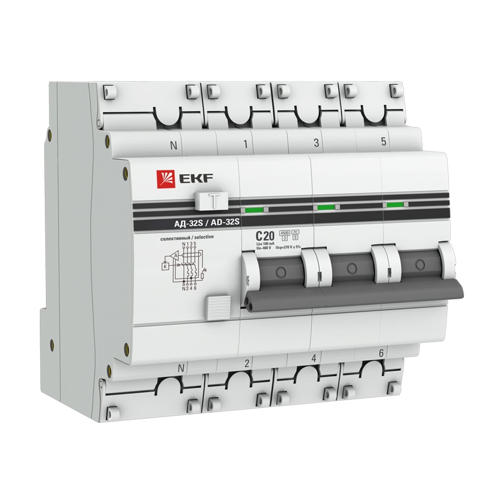 Изображение товара Дифференциальный автомат EKF АД-32 PROxima 3P+N 20А 100мА электронный