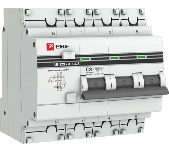 Изображение товара Дифференциальный автомат EKF АД-32 (селективный) 3P+N 20А/100мА PROxima DA32-20-100S-4P-pro