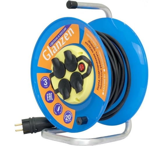 Изображение товара Силовой удлинитель Glanzen на катушке с выключателем 4 гнезда КГ 3x2,5 IP44 арт. EB-20-011 КА-00008208