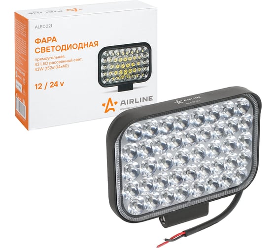 Изображение товара Светодиодная фара AIRLINE прямоугольная, 43 LED, рассеянный свет, 43 Вт, 12/24 В ALED021