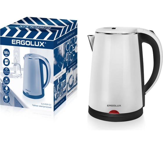 Изображение товара Чайник Ergolux ELX-KS09-C41, черно-белый, ПРОМО, нержавеющая сталь/пластик, 1.8 л, 220-240В, 1600 Вт 14927