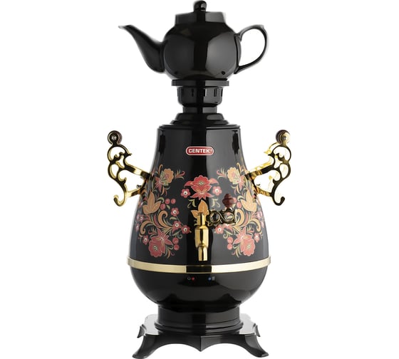 Изображение товара Самовар Centek черный + рисунок + золото, 4.0 л, 2100 Вт, поддержание температуры + LED индикатор, керамический заварочный чайник 1 л CT-0092 B