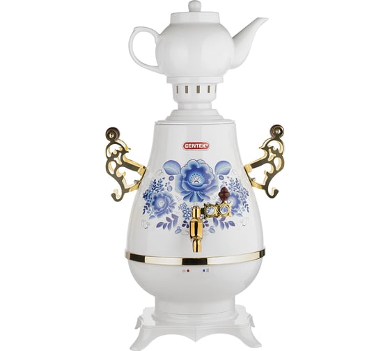 Изображение товара Самовар Centek белый + рисунок + золото, 4.0 л, 2100 Вт, поддержание температуры + LED индикатор, керамический заварочный чайник 1 л CT-0092 A