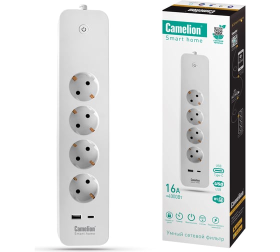 Изображение товара Сетевой фильтр Camelion Smart Home SZD/SH/4x1,5/WIFI (4гнезда 1,5м, 16A 4000В, USB+Type-С, WiFi+Счетчик) 14800