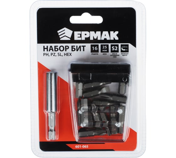 Изображение товара Набор бит на блистере 16 предметов, магнитный адаптер 60 мм + 15 бит, 25 мм ЕРМАК 601-065