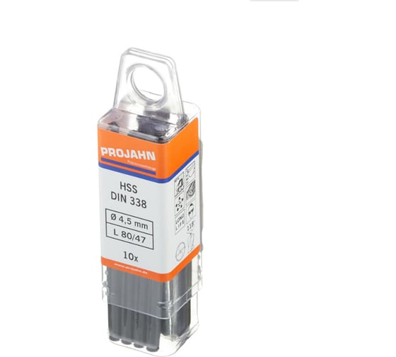 Изображение товара Спиральное сверло PROJAHN по металлу 4,5 мм, HSS, 5D, 118°, h8, DIN 338, Тип N ECO (упаковка 10шт) 10450