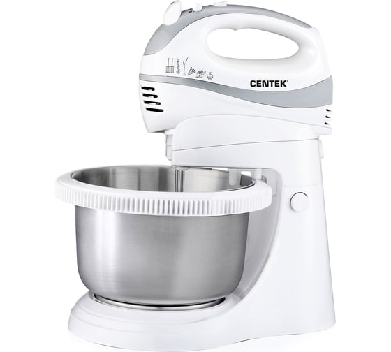 Изображение товара Миксер Centek с чашей белый/сталь 320 Вт стальная чаша 3.5 л, 5 скоростей + турбо CT-1107