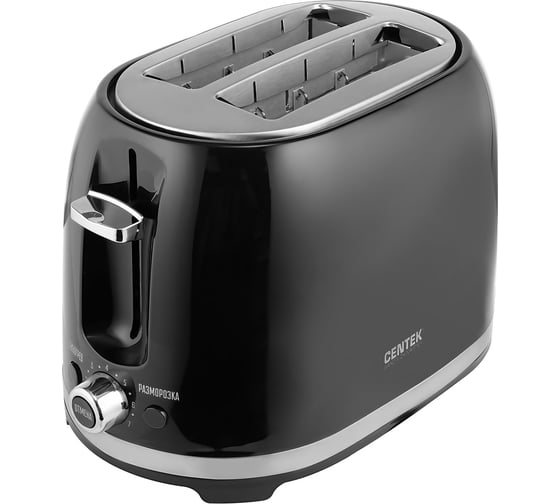 Изображение товара Тостер Centek черный 850 Вт, 7 степеней прожарки, 2 тоста, поддон, стоп, подогрев, разморозка CT-1432 BLACK