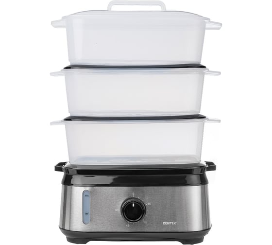 Изображение товара Пароварка Centek 9 л 1050 Вт, стальной корпус, таймер 60 мин, 3 контейнера, чаша для риса CT-1458