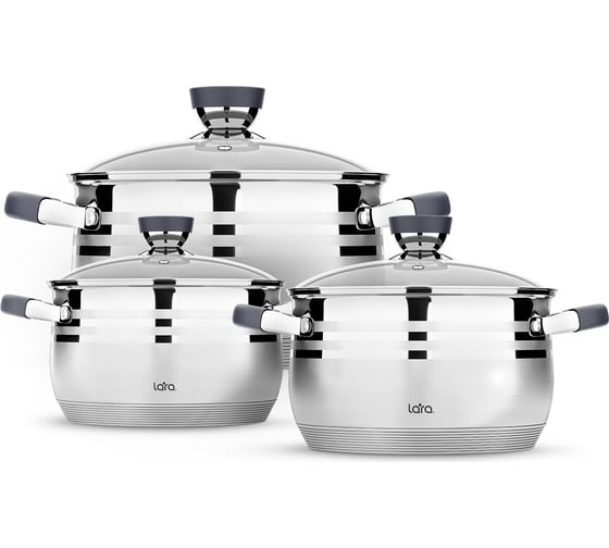 Изображение товара Набор посуды Lara MERCURY 16/20/24 см, 2.1 л, 3.9 л, 6.5 л капсулированное индукционное дно, полировка LR02-120