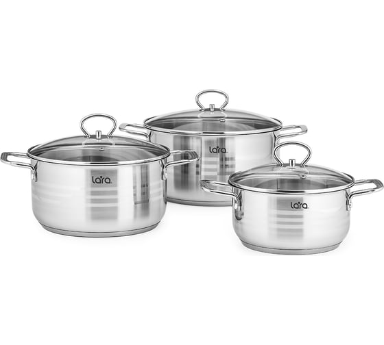 Изображение товара Набор посуды Lara Standart 1.5 л, 2.7 л, 5.2 л капсулированное индукционное дно, крышки LR02-80