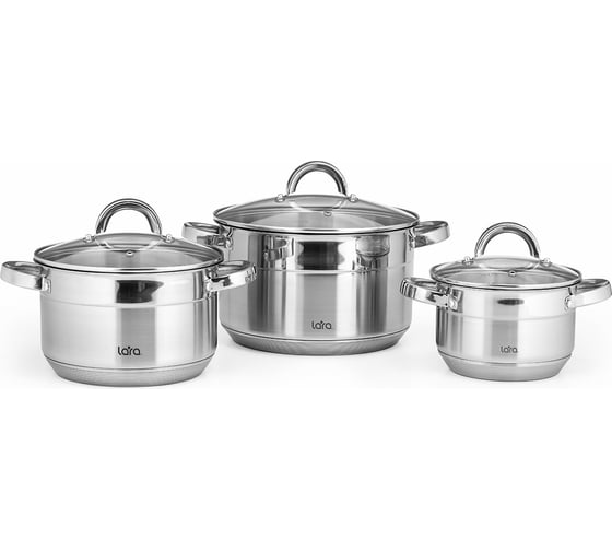 Изображение товара Набор посуды Lara AURORA 6 предметов, кастрюля 2 л, 3.8 л, 6.3 л 9-ти ступенчатое капсулированное индукционное дно LR02-112