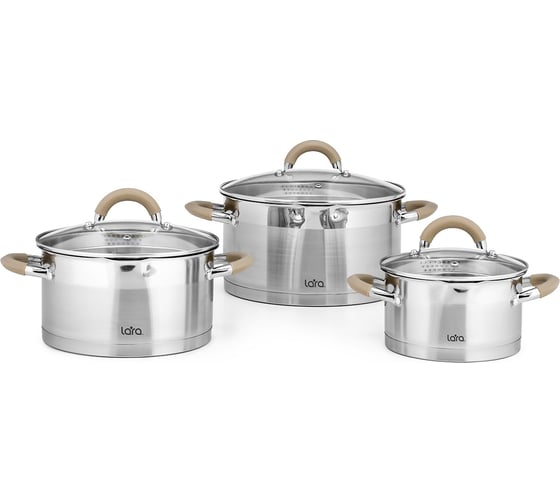 Изображение товара Набор посуды Lara БЕРЛИН 6 предметов 1.7 л, 3.1 л, 5.5 л капсулированное индукционное дно, крышка дуршлаг LR02-119