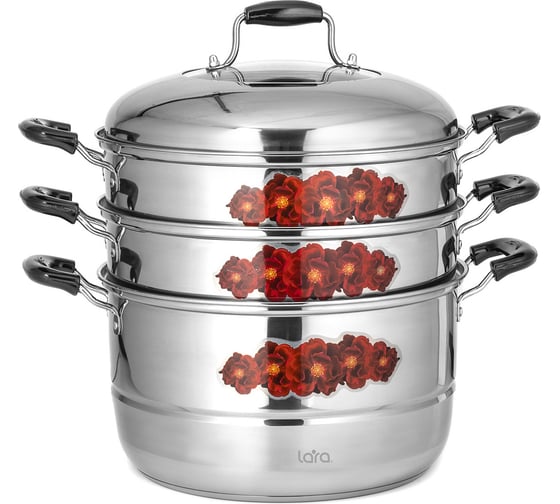 Изображение товара Мантоварка-пароварка Lara нержавеющая сталь 28x31 см, 11 л, 3 секции + крышка с окном, сталь 0.5 мм LR03-40