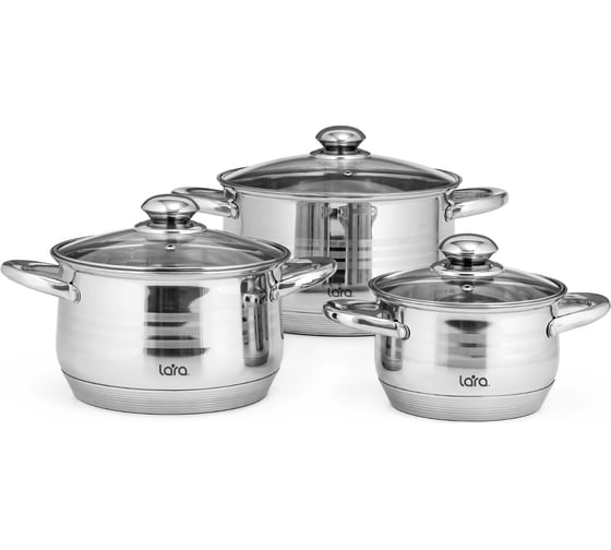 Изображение товара Набор посуды Lara Sonata, 6 предметов, кастрюли 2.1 л, 3.9 л, 6. 5 л стеклянные крышки LR02-100