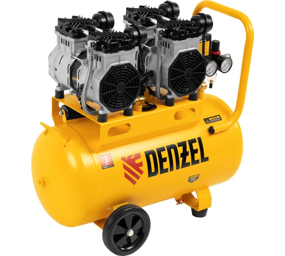 Изображение товара Безмаслянный малошумный компрессор Denzel DLS 2200/50, 2200 Вт, 2x1100, 50 л, 380 л/мин 58031