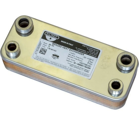 Изображение товара Паяный теплообменник Zilmet ZВ190 - 14P соединение 3/4" сталь + 1/2" нержавеющая сталь, р-ры: 190x77 мм, рабочее давление А-В- 8 бар, С-D- 3 бара 17B1901402
