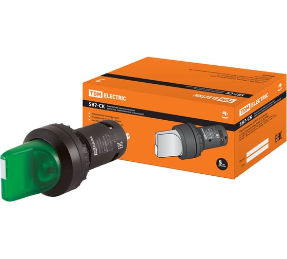 Изображение товара Переключатель на 2 положения TDM ELECTRIC с фиксацией sb7-ck2361-24v короткая ручка(led) d22мм 1з зеленый SQ0746-0054