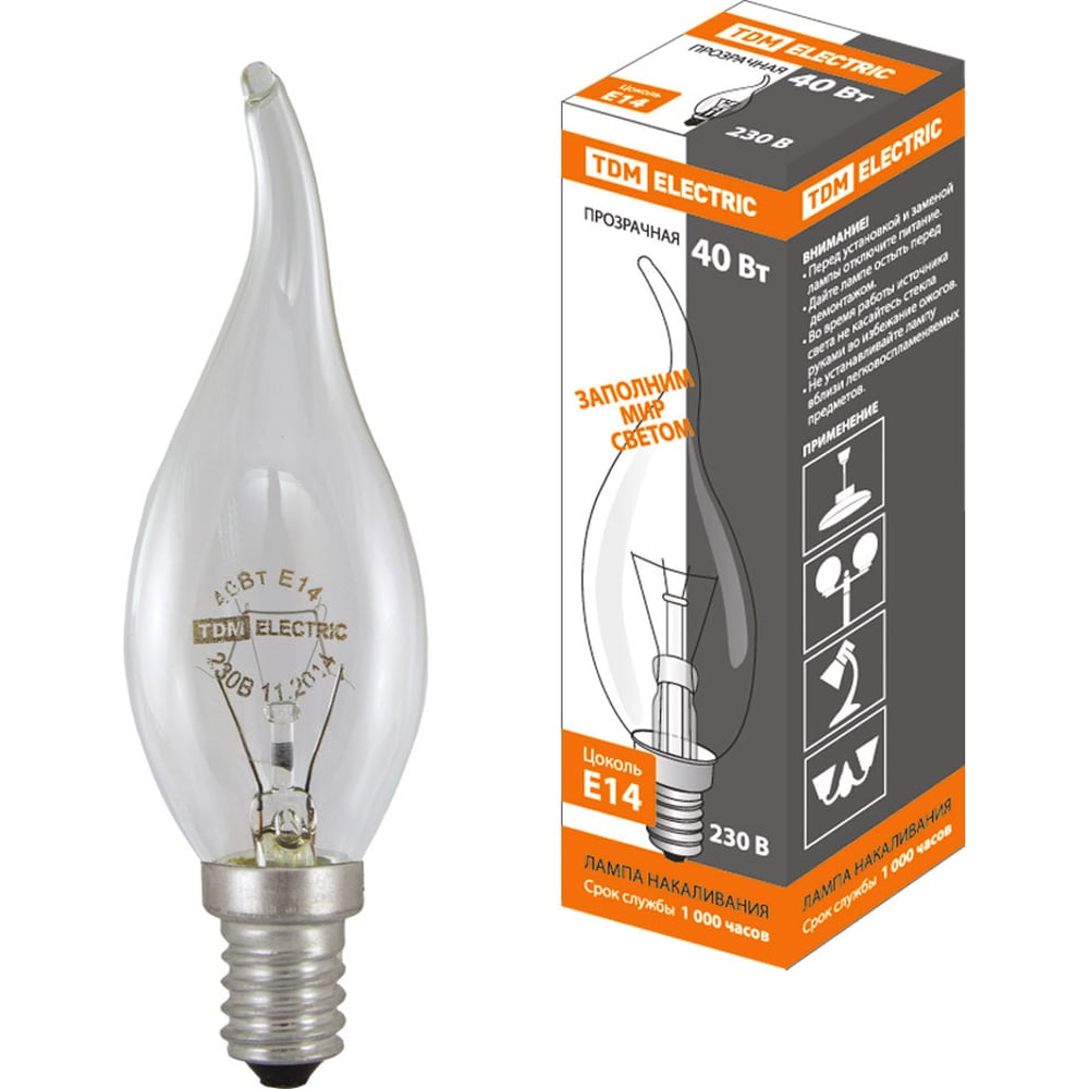 Изображение товара Лампа накаливания свеча на ветру прозрачная TDM ELECTRIC 40 Вт-230 В-Е14 SQ0332-0015