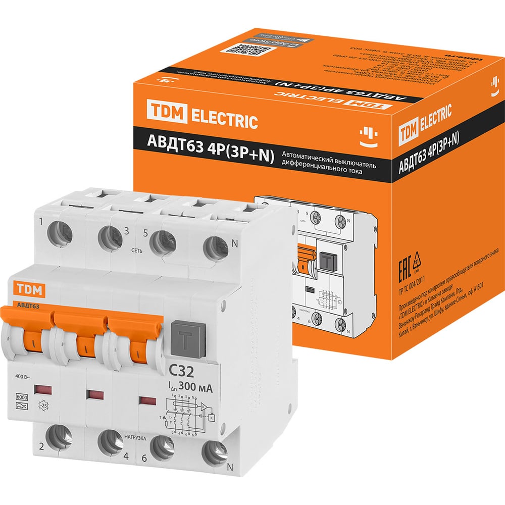 Изображение товара Автоматический выключатель дифференциального тока АВДТ 63 4P C32 300мА TDM ELECTRIC