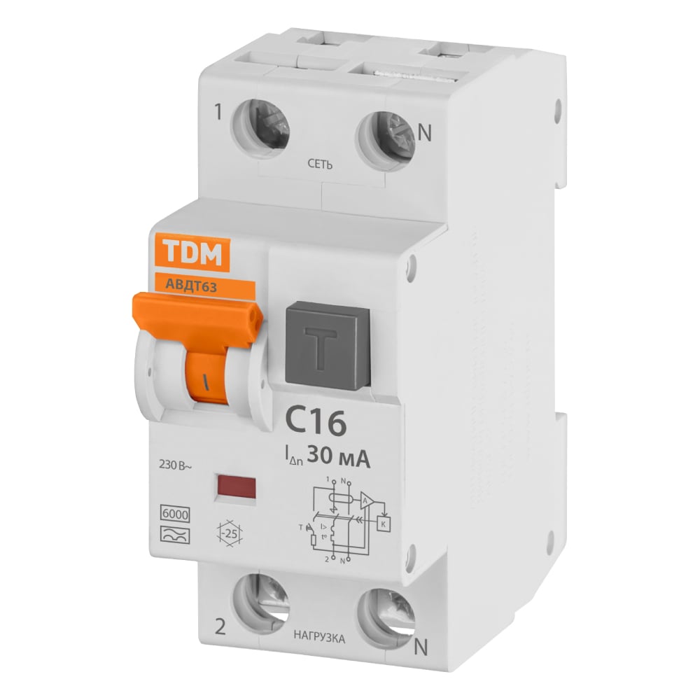 Изображение товара Автоматический выключатель дифференциального тока TDM ELECTRIC АВДТ 63 2Р(1Р+N) C16 30мА 6кА тип А SQ0202-0002