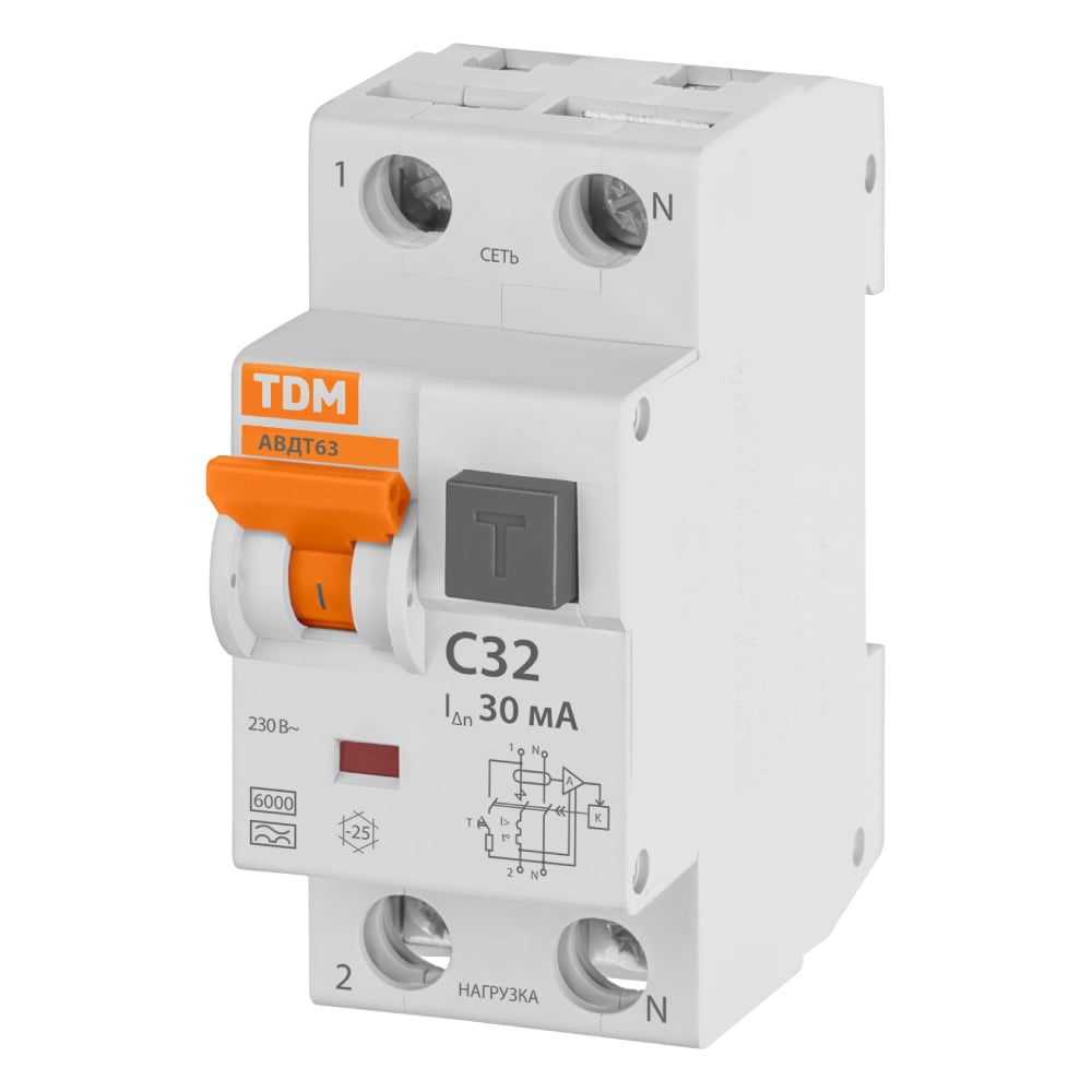Изображение товара Автоматический выключатель дифференциального тока TDM ELECTRIC АВДТ 63 2Р(1Р+N) C32 30мА 6кА тип А SQ0202-0005