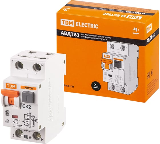 Изображение товара Автоматический выключатель дифференциального тока TDM ELECTRIC АВДТ 63 2P C32 30мА SQ0202-0005