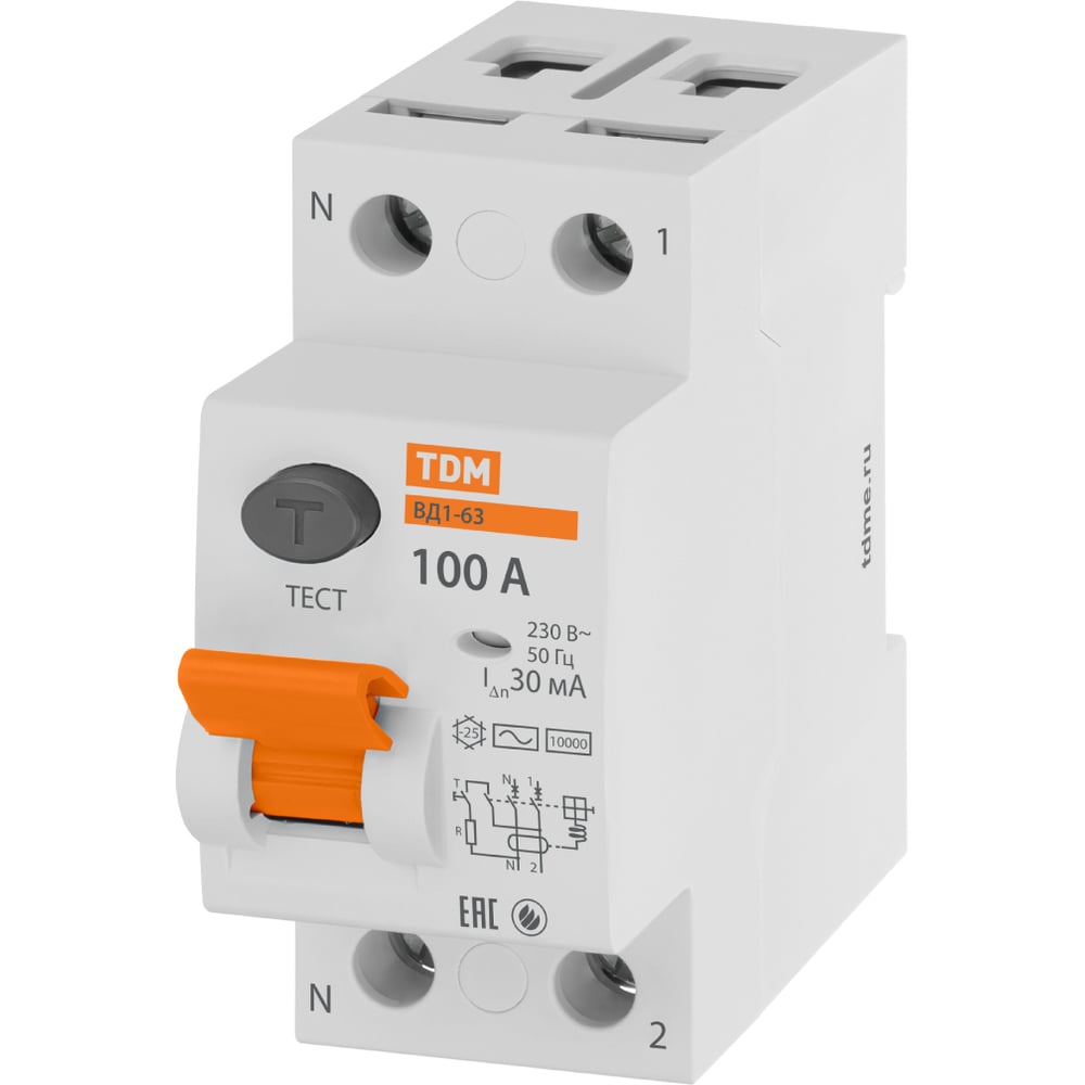 Изображение товара Устройство защитного отключения ВД1-63 2Р 100А 30мА TDM ELECTRIC