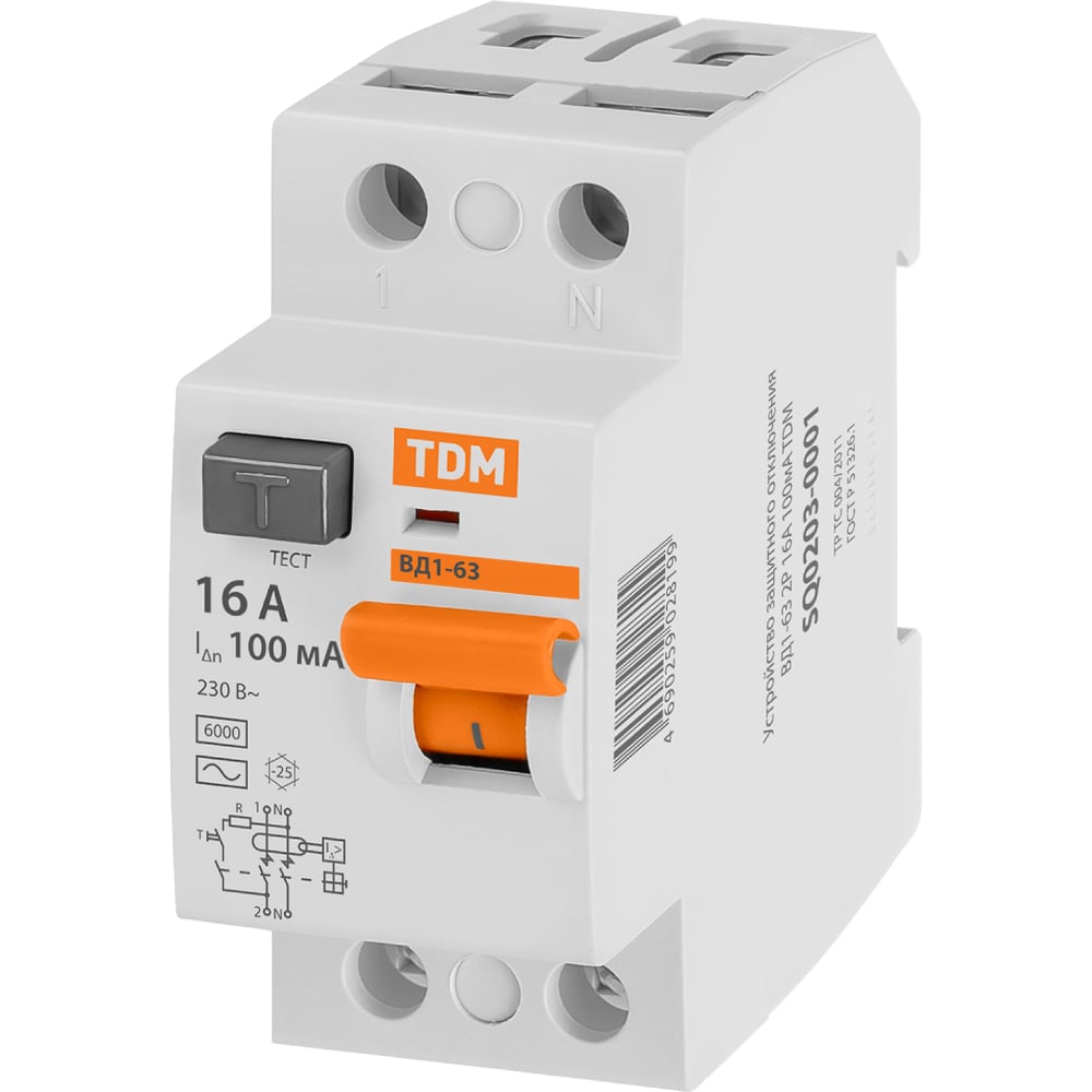 Изображение товара Устройство защитного отключения TDM ELECTRIC ВД1-63 2Р 16А 100мА SQ0203-0001