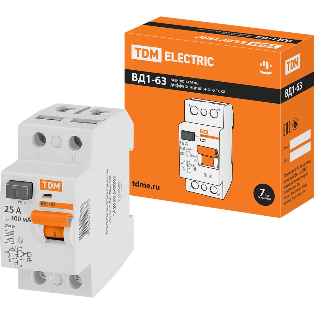 Изображение товара Устройство защитного отключения ВД1-63 2Р 25А 300мА TDM ELECTRIC