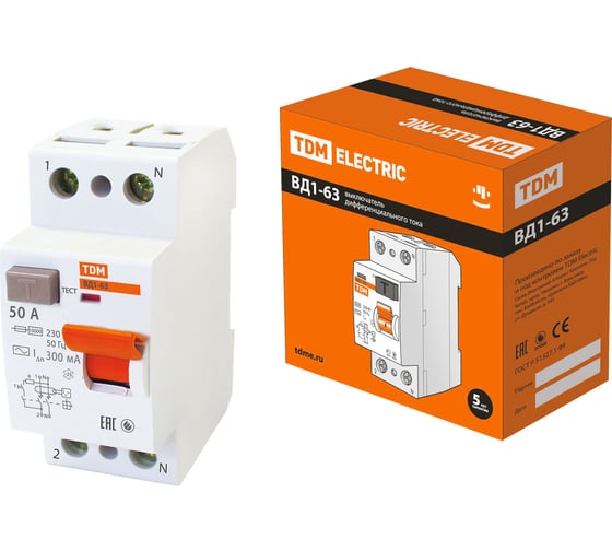 Изображение товара Устройство защитного отключения TDM ELECTRIC ВД1-63 2Р 50А 300мА SQ0203-0015