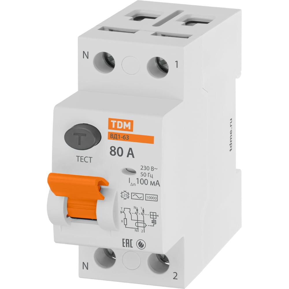Изображение товара Устройство защитного отключения ВД1-63 2Р 80А 100мА TDM ELECTRIC