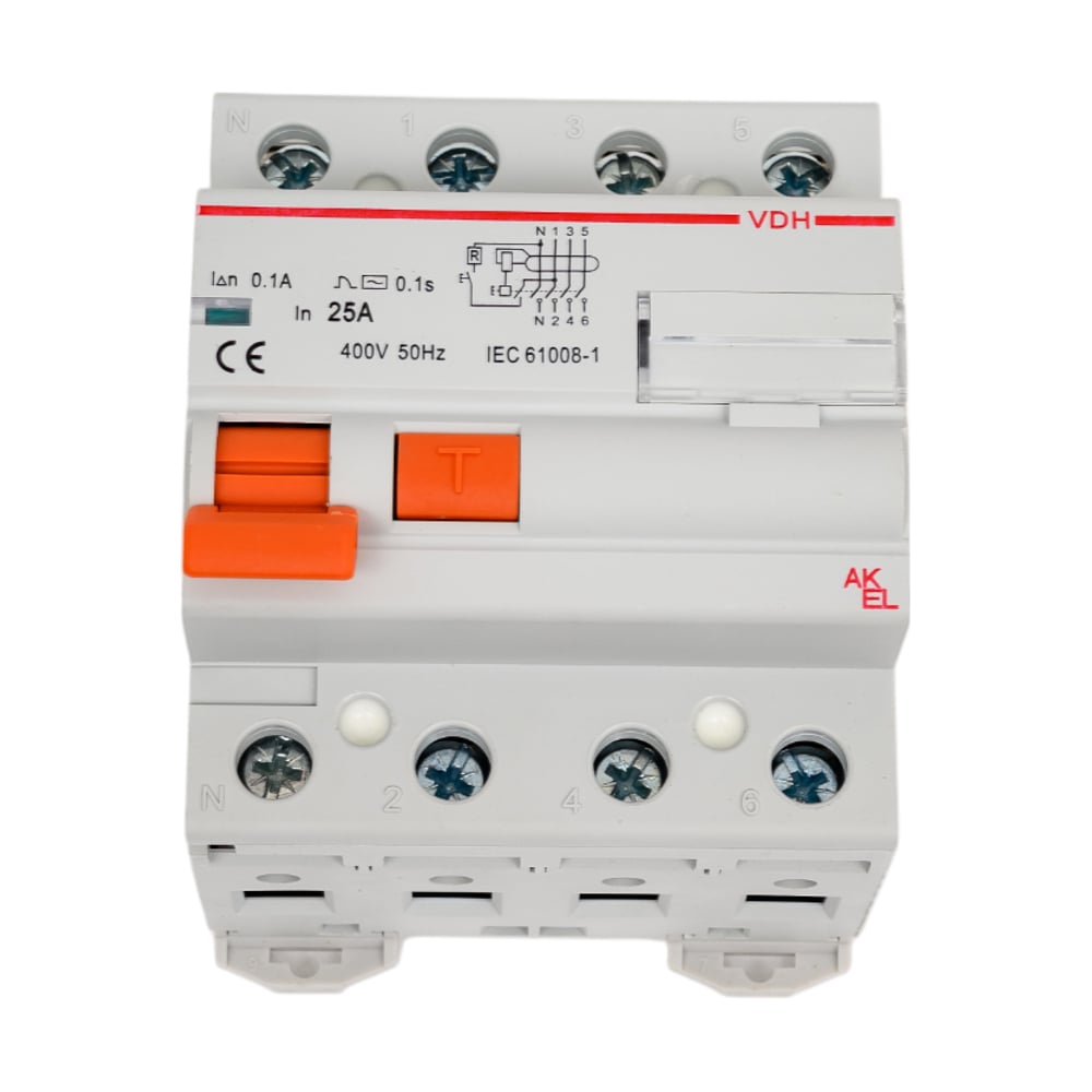 Изображение товара УЗО Akel VDH 4P 25A 100mA ТипAC модульное на DIN-рейку IP20