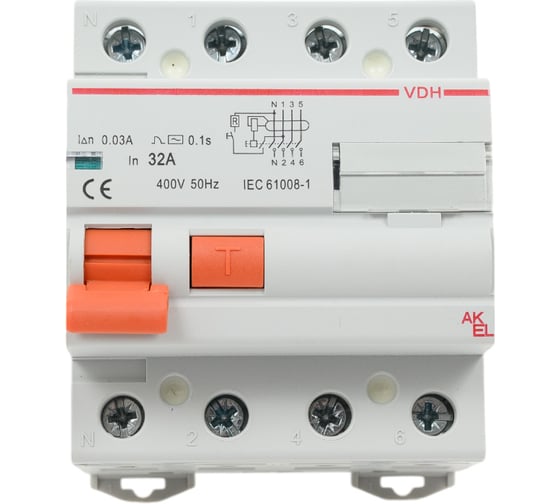 Изображение товара УЗО Akel-VDH-4P-32A-30mA-ТипAC/HOME 477027