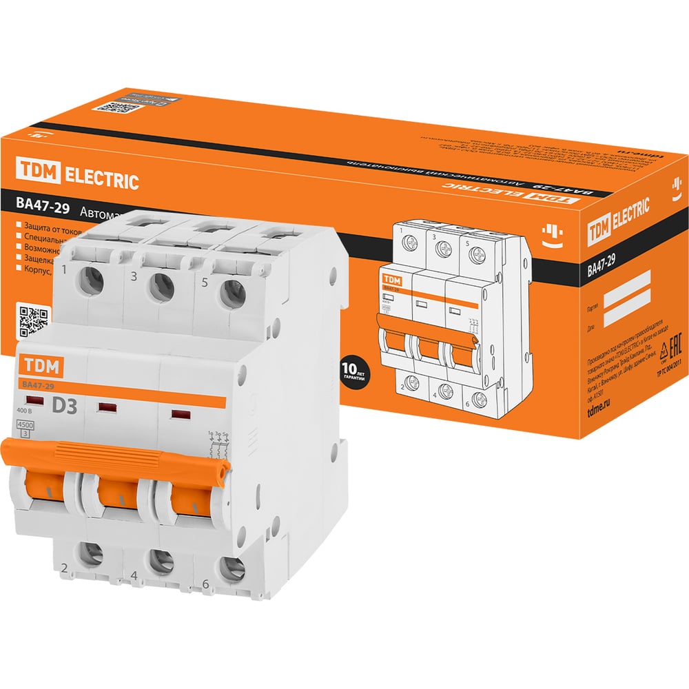 Изображение товара Автоматический выключатель TDM ELECTRIC ВА47-29 3Р 3А 4.5кА D SQ0206-0166