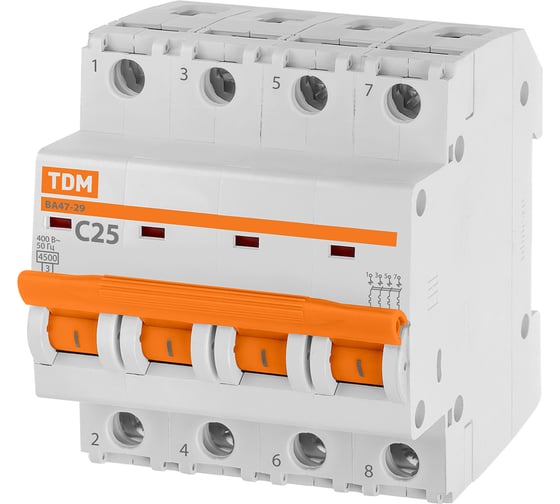 Изображение товара Автоматический выключатель TDM ELECTRIC ВА47-29 4Р 25А 4.5кА С SQ0206-0127