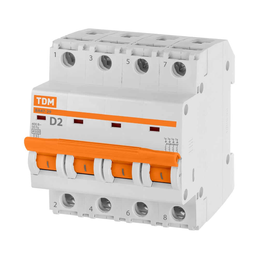 Изображение товара Автоматический выключатель TDM ELECTRIC ВА47-29 4Р 2А 4.5кА D для защиты электросетей