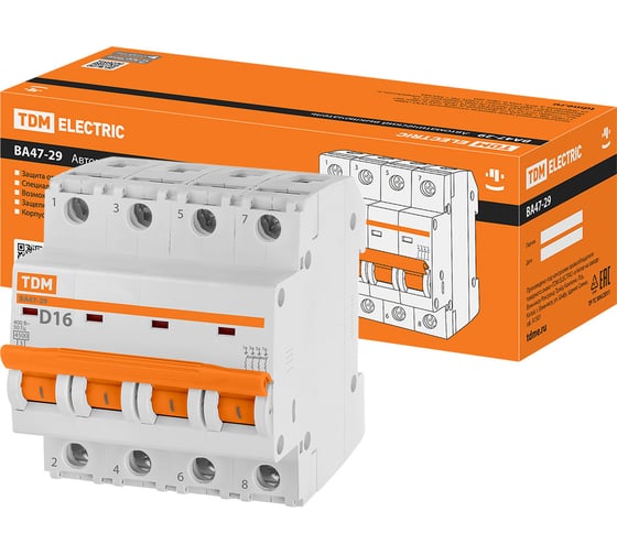 Изображение товара Автоматический выключатель TDM ELECTRIC ВА47-29 4Р 16А 4.5кА D SQ0206-0189